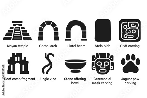 Mayan culture solid icon set. ancient architecture, symbols, and artifacts collection