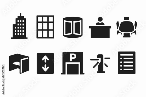 Office layout solid icon set. business, workspace symbols collection in solid style