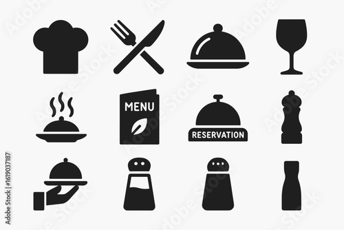 Food and restaurant solid icon set: dining, service, menu icons collection