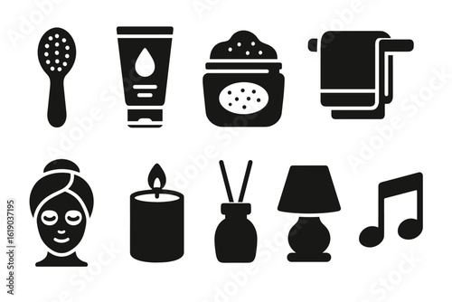 Spa, wellness silhouette icon set. relaxation, beauty tools silhouette collection