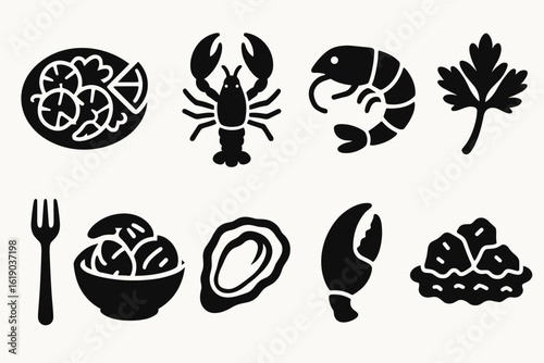 Seafood silhouette icon set. lobster, shrimp, oyster line icons for culinary use.