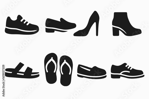 Fashion and footwear silhouette icon set: shoes, sandals, sneakers, boots, heels