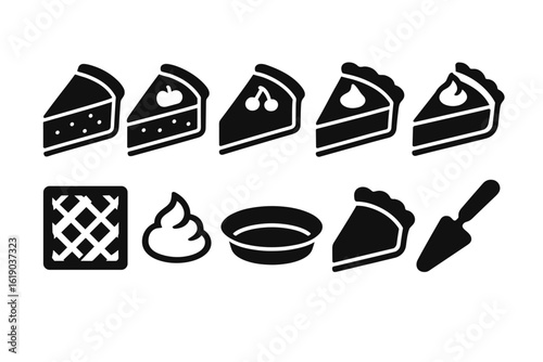 Baking and desserts silhouette icon set. pie, cake, pastry graphics collection