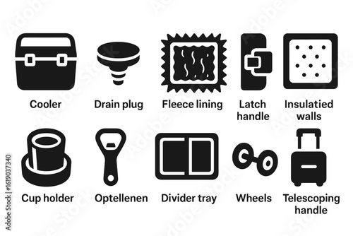 Camping equipment silhouette icon set. outdoor, adventure gear essentials icons