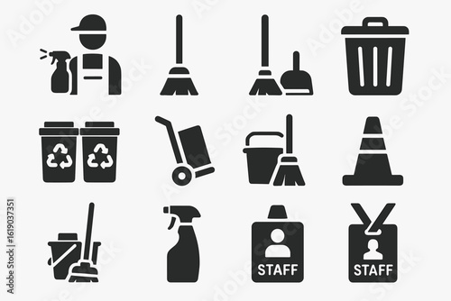 Cleaning tools solid icon set. broom, mop, recycling, trash icons solid collection