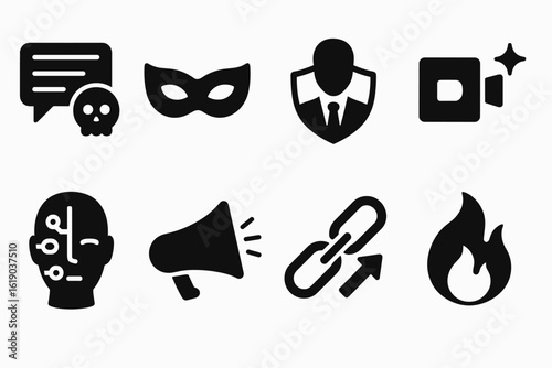 Communication, privacy solid icon set. messaging, security, networking icons collection