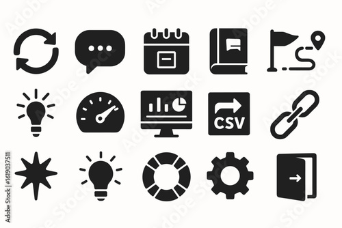 Business and productivity solid icon set: essential office tools and symbols