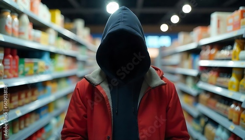 A young Caucasian theif with no face in a dark hoodie and red jacket standing in a convenience store aisle, created with generative ai
