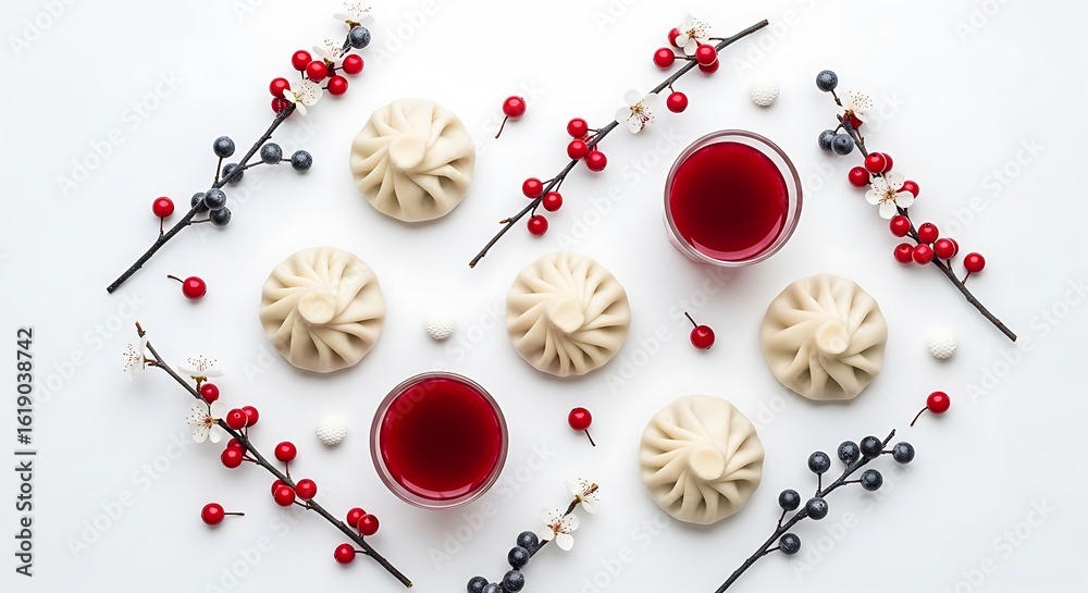 Obraz premium Delicious georgian khinkali dumplings with berry sauce and festive decorations