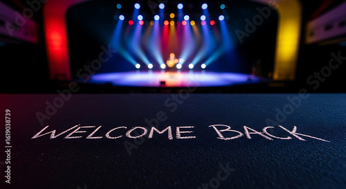 Welcome back message on a stage with colorful lights ai generated