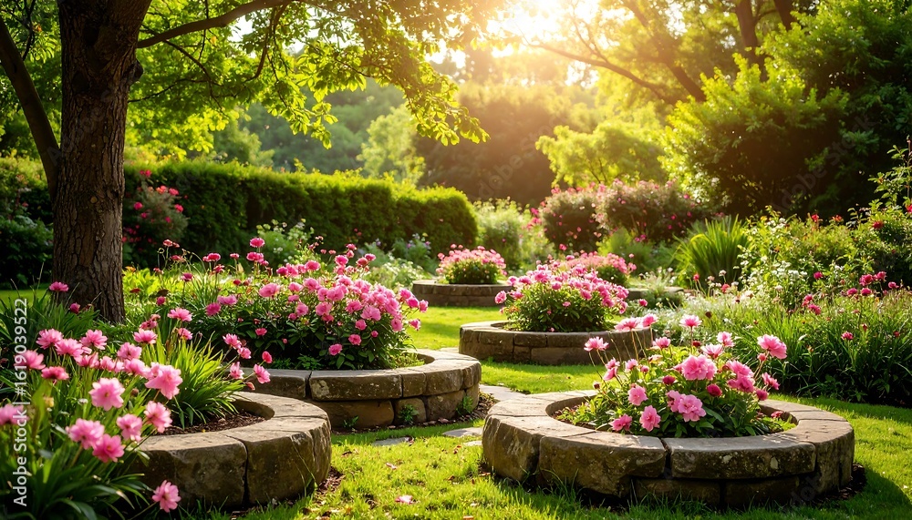 Obraz premium Lush garden with vibrant pink peonies