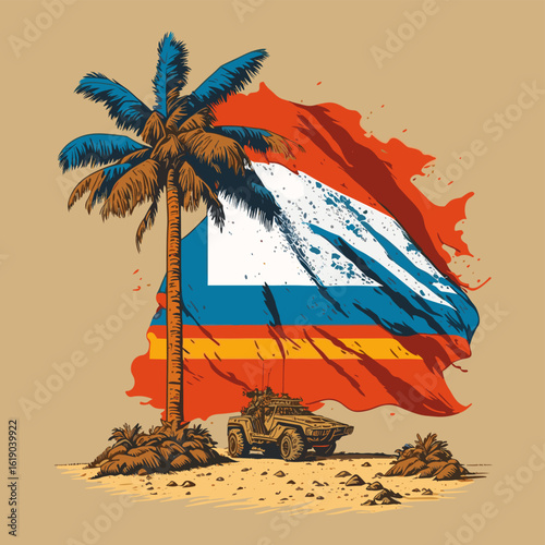 War Aesthetic Graphic Design with Tank, Flags, and Tropical Island