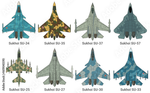 Set of sukhoi fighter jet in colored style from top view. Vector illustrations Sukhoi SU 25, 27, 30, 33, 34, 35, 37, 57. Various military combat aircraft design from russia. Bundle military plane art.