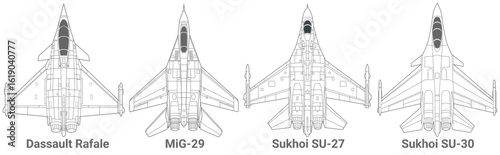 Set of 4th-generation fighter jet in lineart style from top view. Vector illustrations dassault rafale, mig 29, su 27, su 30 fighter jet. Various military combat aircraft design from fourth gen.