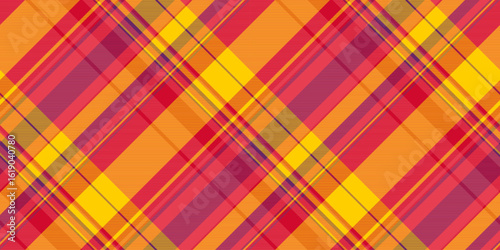 Vibrant plaid pattern with intersecting lines. Warm hues create a bold, dynamic design. Ideal for textiles, backgrounds, or creative projects needing a textured, colorful feel.