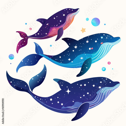 Celestial Whales: Dreamy, Whimsical, Cosmic Whale Trio, Galaxy-Themed Illustration,  Magical Ocean Life.