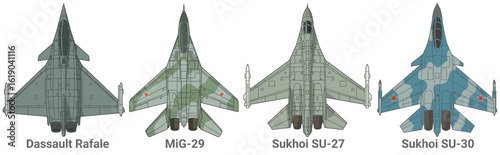 Set of 4th-generation fighter jet in lineart style from top view. Vector illustrations dassault rafale, mig 29, su 27, su 30 fighter jet. Various military combat aircraft design from fourth gen.