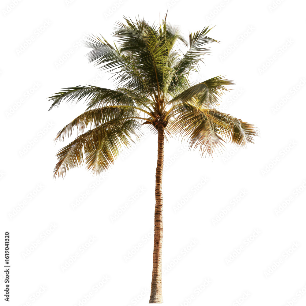 Obraz premium Isolated palm tree,?light-brown trunk,?many fronds,?light green/tan foliage