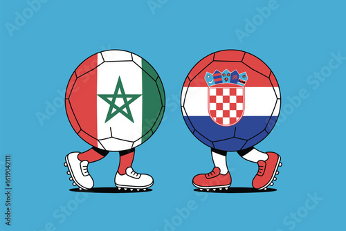 Moroccan and croatian soccer balls with legs facing each other ready for a match