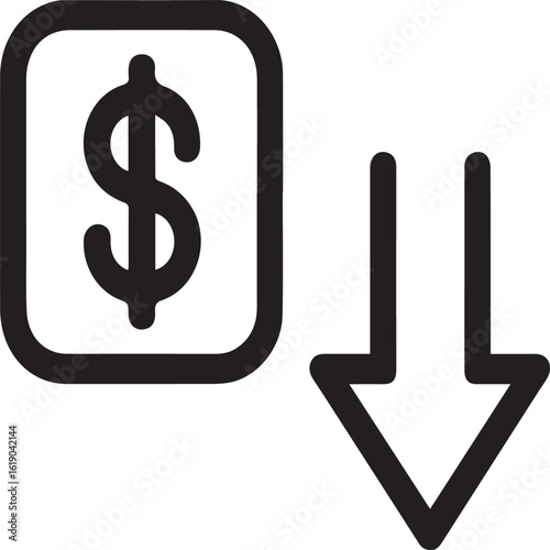 Dynamic dollar sign icon signifies financial decline, showcasing economic downturn and investment loss trends with clear downward arrow for impactful business strategy discussions