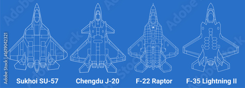 Set of 5th-generation fighter jet in blueprint style from top view. Vector illustrations sukhoi su-57, chengdu j-20, f-22 raptor, f-35 lightning fighter jet. Various military combat aircraft design.