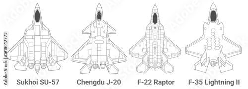 Set of 5th-generation fighter jet in lineart style from top view. Vector illustrations sukhoi su-57, chengdu j-20, f-22 raptor, f-35 lightning fighter jet. Various military combat aircraft design.