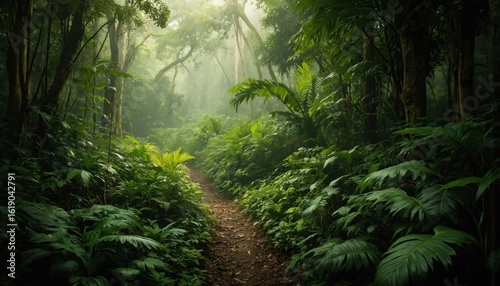 Fototapeta Naklejka Na Ścianę i Meble -  Rich green rainforest path winds through dense jungle foliage under misty sunlight canopy. Tropical trees, vibrant plant life create serene, natural environment. Scene invites exploration, evokes