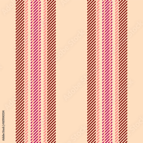 1960s background fabric vertical, proud seamless stripe pattern. Teenage vector lines texture textile in bisque and maroon colors.