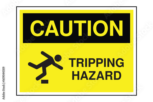 CAUTION Sign – Tripping Hazard Warning with Person Falling Over Object Icon, Yellow Header Safety Label for Workplaces, Warehouses, and Public Pathways, Transparent Background