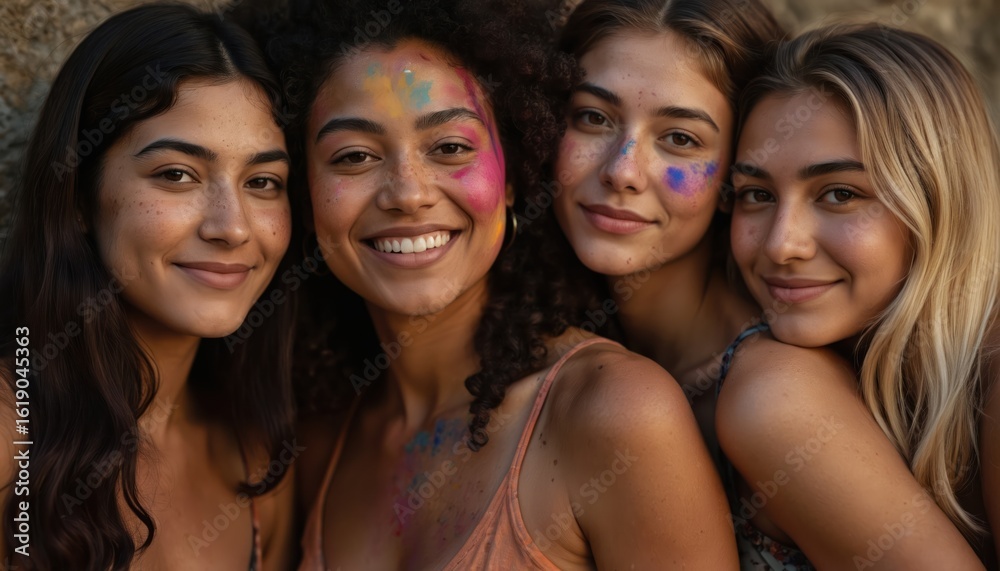 Obraz premium Four diverse women with colorful face paint smile warmly. They represent inclusivity, creativity, empowerment in art, culture industry, celebrating International Women Day with joyful expressions.