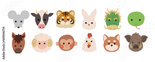 干支の動物アイコンセット（顔のみ・十二支）
