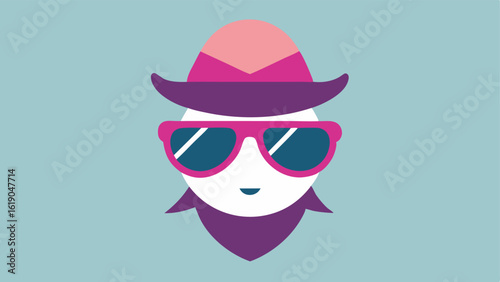 Chic and Stylish A minimalistic design featuring a small head adorned with large angular sunglasses. The lenses are tinted in a gradient color from purple to pink. The character