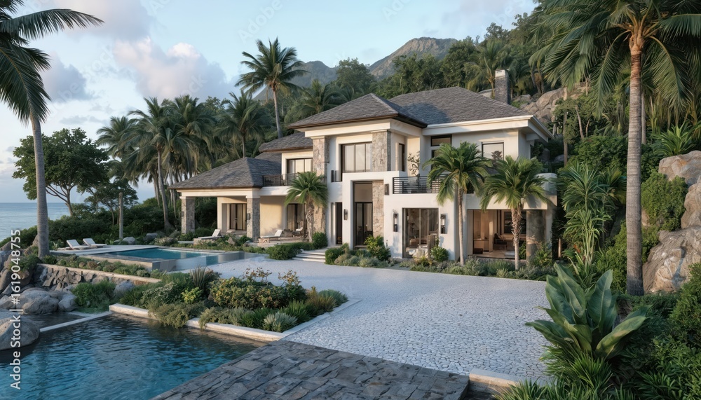 Luxurious villa rests on cliffside overlooking blue ocean. Infinity pool glistens in tropical gardens. Modern architecture, pebble driveway leads to elegant estate perfect for vacation resort living. Luxurious villa rests on cliffside overlooking blue ocean. Infinity pool glistens in tropical gardens. Modern architecture, pebble driveway leads to elegant estate perfect for vacation resort living.