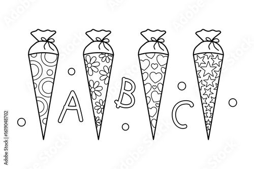 school cones coloring book, firtst day of school in Germany, zuckertute vector illustration