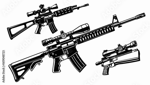 Illustration of three rifles with scopes in black and white detailed line art style design vector created with generated ai