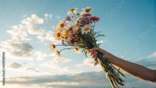 Hand Holding a Bouquet of Daisies Against a Clear Sky
Beautiful Spring Bouquet on a Sunny Day
Vibrant Wildflowers Held Against a Blue Sky
Celebrating Nature's Beauty with a Fresh Flower Arrangement