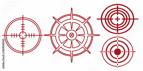 Red line art showing three target crosshairs and a ship wheel arranged on a white background created with generated ai