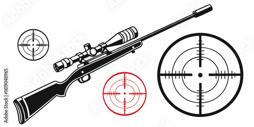 Illustration of a rifle with a scope and three crosshairs in black and red on a white background created with generated ai