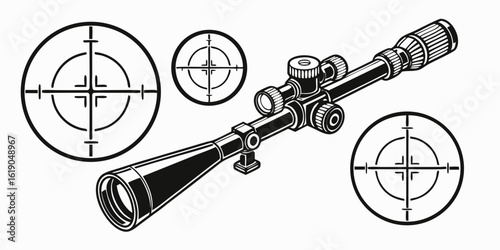 Illustration of a telescopic sight with adjustment knobs and three circular crosshairs around it created with generated ai