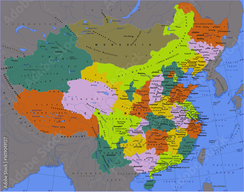 Vector political, physical, geographical
world map. Eastern asia with regions of china -
xinjiang, xizang, tibet, ningxia, inner mongolia,
guangxi, sichuan, hubei, hebei, hunan, henan, yunnan.