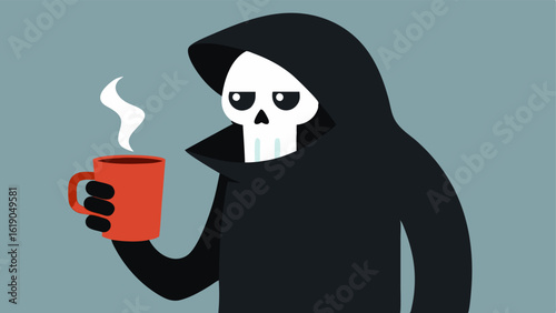 Coffee Break The Grim Reaper takes a moment to sip from a comically oversized coffee cup his hood pulled back slightly to reveal a weary expression. The long list of names is