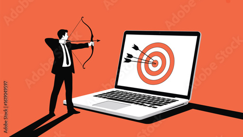 Achieve goals online business strategy targeting marketing success digital archer laptop target arrows