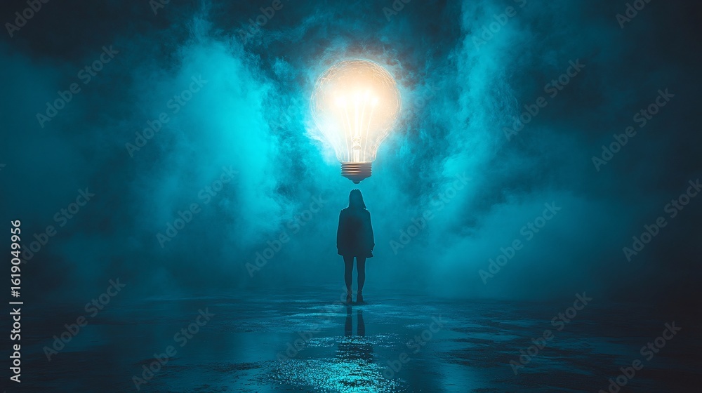 Fototapeta premium Silhouette Of A Person Near A Luminous Bulb In A Misty Night