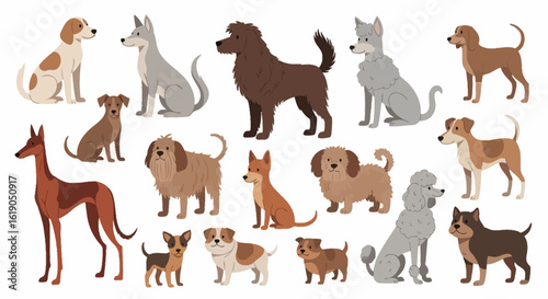 A diverse collection of various dog breeds illustrated in a charming flat vector style. Set of cute pet characters.