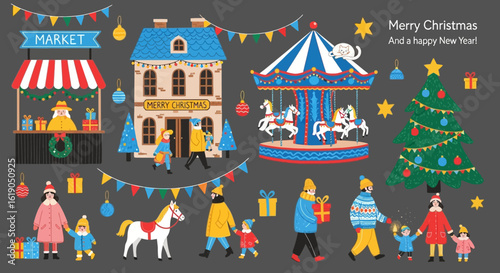 A charming vector illustration set of a Christmas market scene featuring a festive fair, carousel, and families enjoying the holiday season.