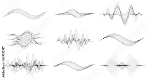 Collection of Abstract Soundwave Graphics and Audio Visualizations on a White Background, Ideal for Music and Technology Concepts