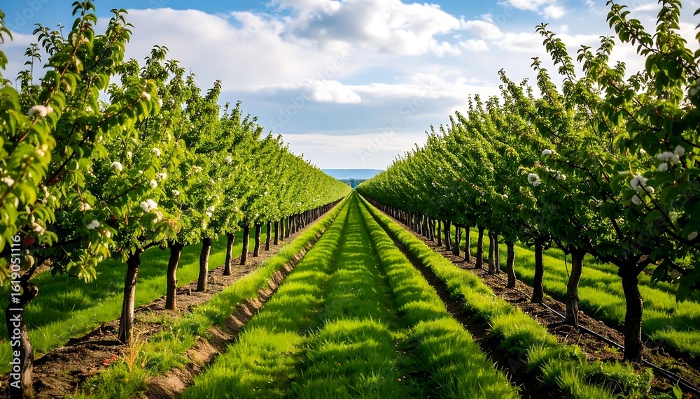 Naklejka premium Lush orchard rows stretching to the horizon