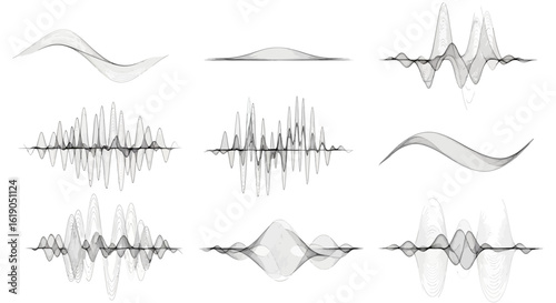 Modern monochrome sound wave illustrations set. High-definition vector audio waveforms and frequency equalizer graphics collection.