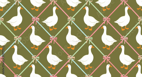 Elegant seamless vector pattern featuring white farm geese arranged in a delicate pastel ribbon trellis with bows on an olive background.