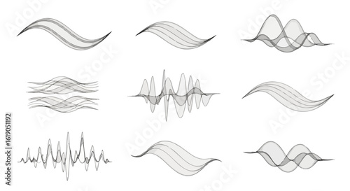 Set of abstract vector sound waves. Collection of monochrome audio frequency and digital equalizer waveform illustrations.